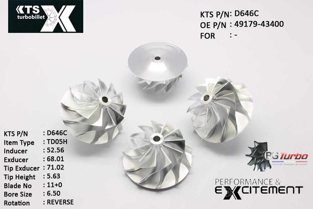 Turbo ROUE FORGÉE MFS PERFORMANCE - 11+0 PALES - INDUCER : 52,56 - EXDUCER : 68,01 - TYPE : TD05HANGLE : 50° - ROTATION : Reverse - SUPER BACK : 2,9 - BORE SIZE : 6,5
